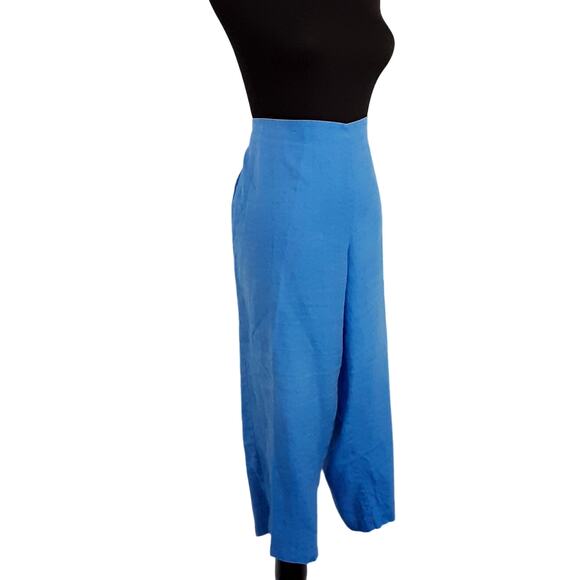 Vintage 100% Linen Wide Leg Trousers Crop Blue Elastic Waist Pedal Pushers 18W - Picture 2 of 13